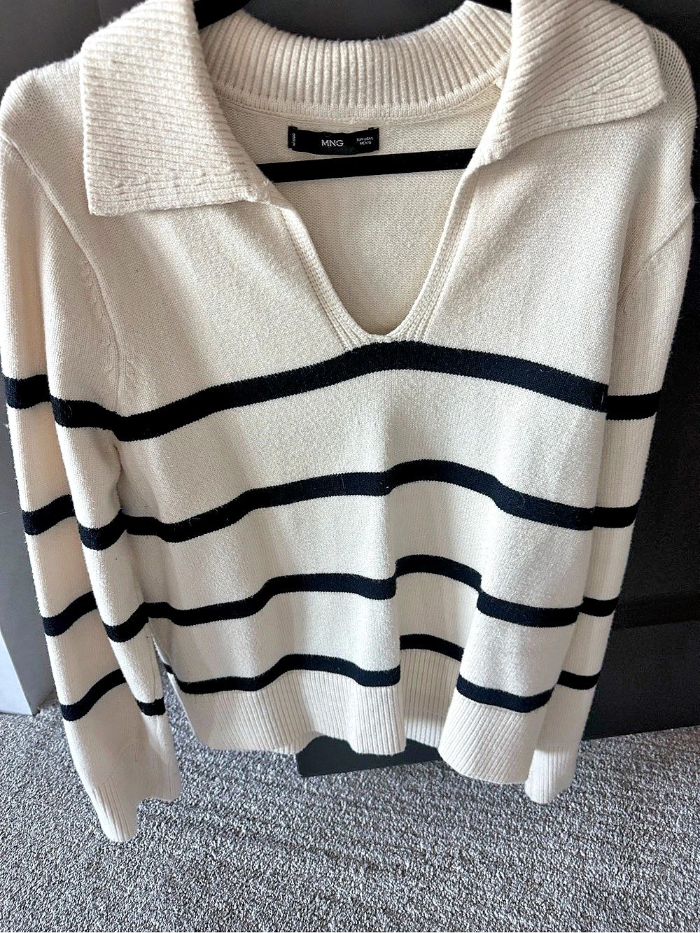 Mango Striped Knit Sweater in White & Black Large